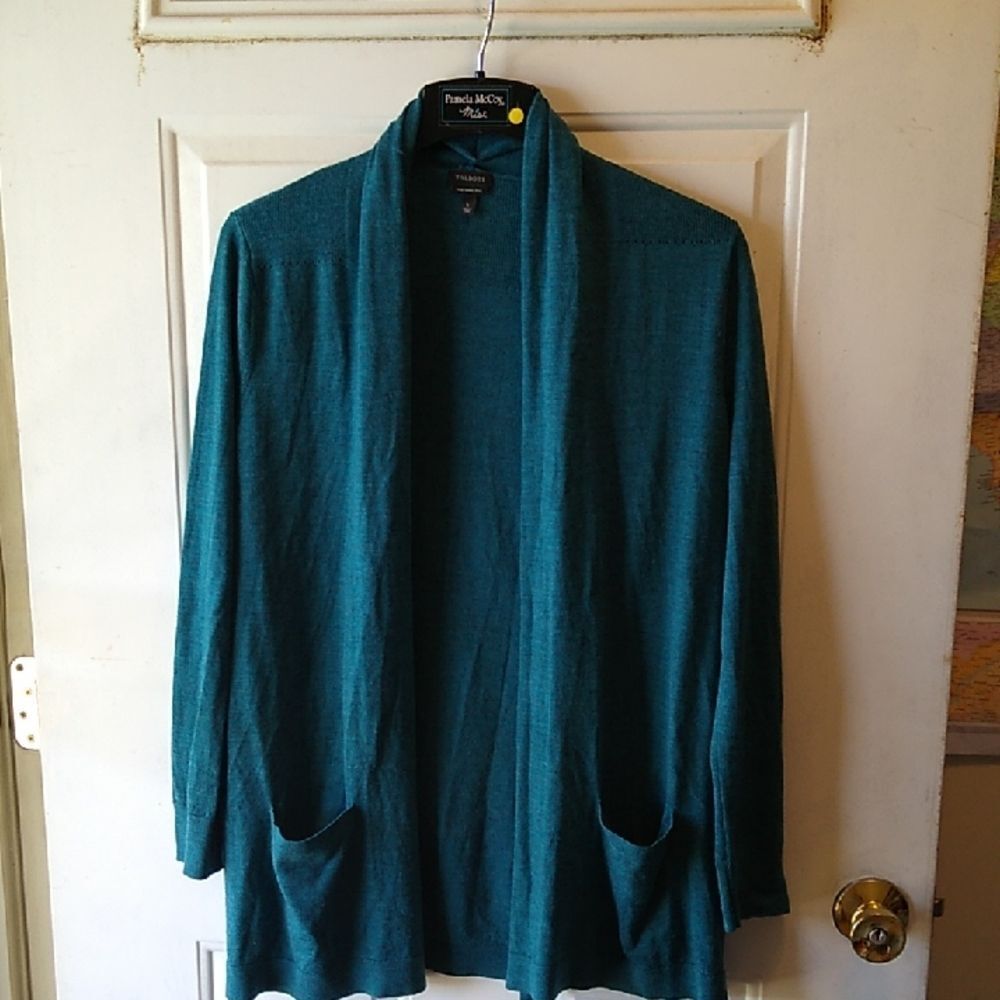 Talbots Pure Merino Wool Teal Open Front Cardigan Soft Comfy Casual